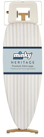 Minky Heritage Ironing Board, 130 x 47 Extra Wide Ironing Surface, Wooden Iron Board with Adjustable Height up to 90cm, Foldable