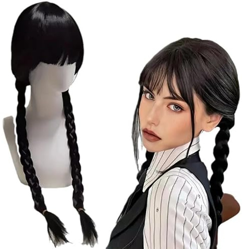 Wednesday Perücke Mädchen,Schwarz Wigs Erwachsene,Lange Schwarze Geflochtene Perücken,Pony Zopf Kinderperücken,für Faschingskostüme Karneval Halloween Cosplay