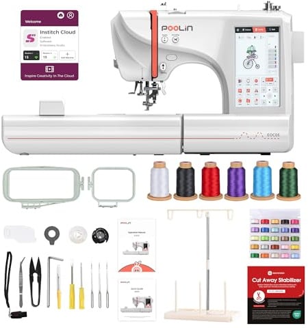 PooLin EOC05 Embroidery Machine - Electronic Sewing Machine – 7 TFT LCD Touch Screen, 10×10 cm and 10×23.5 cm Frames, USB/Wi-Fi Import of Patterns, Ideal for Beginners and Experts