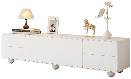 kozamas Mobile TV bianco con cassetti e bordi curvi, 175 cm, con ante chiuse e spazio di archiviazione, per TV da 65 pollici, portata 60 kg, minimalista