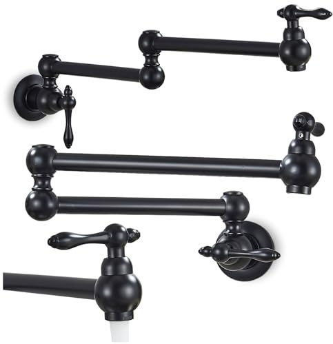 Ari Küchenarmatur Klappbar Wandmontage Messing Wand-Küchenmischer für Töpfe mit Zwei Griffen und Keramikventil Klappbare Spültischarmatur Schwenkbar für die Küche Wandanschluss 3/8 Zoll (Schwarz)