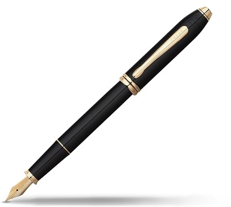 Cross Townsend Füllfederhalter (Rechts- und Linkshänder, M-Feder, inkl. Schwarze Tintenpatrone und Luxus Geschenkbox) Schwarz-Lack/ Goldplattiert