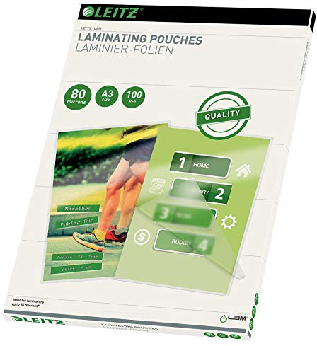 Leitz Heißlaminierfolien A3 80 mic, Hochwertige Laminierfolien im 100er Pack, mit abgerundeten Ecken, transparent, glänzend, ideal für Plakate und Zeichnungen, 33819