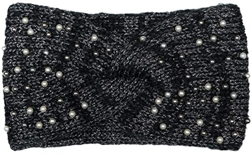 styleBREAKER Damen Strick Stirnband mit Perlen, Metallic Garn und Twist Knoten, warmes Winter Haarband, Headband 04026029, Farbe:Schwarz