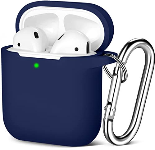 Maledan Kompatibel mit AirPods Hülle AirPods Case Apple Airpods 2 & 1, Voller Schutz Silikon Schutzhülle (Front LED Sichtbar) mit karabiner,Navy Blau