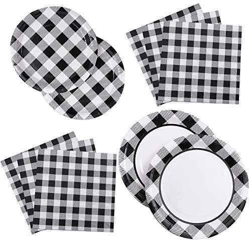 ANECO 98 Pieces Buffalo Plaid Disposable Paper Plates Party Supplies Party Tableware Paper Plates and Napkins for 24 Guests