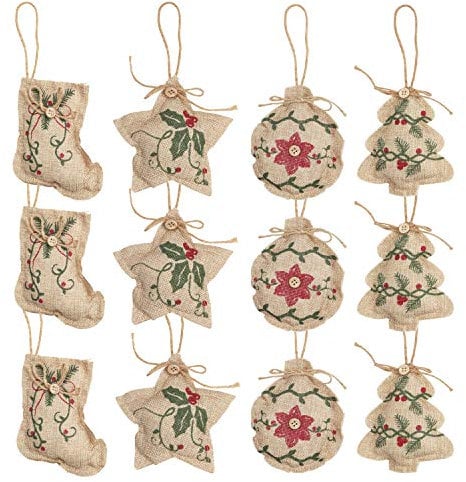 12 Pcs Décoration de Sapin Noel Jute - 3 Pcs x 4 Modèles Boule de Sapin et Étoiles pour la Décoration de Noël - Suspension Arbre de Noel pour Décoration Sapin Noel Nature
