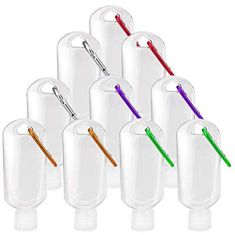 VerteLife 10PCS 50ml Refillable Travel Bottle with Keychain Clip, Flip Cap Clear Plastic Empty Bottles Travel Hand Sanitizer Containers Squeeze Container for Cosmetic Toiletries Liquids (5 Colors)