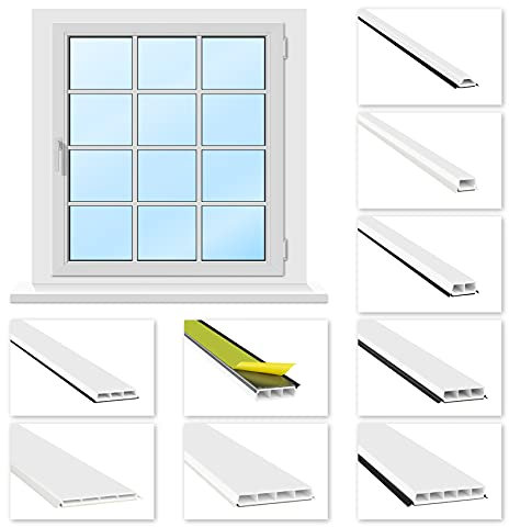 HEXIM Fenstersprossen weiß 1 & 2 Meter - selbstklebende Glassprossen aus PVC Kunststoff, Dichtungslippen(steil & ausgestellt) in grau und schwarz - HJ G20(1000x20x13mm, schwarze Lippe)