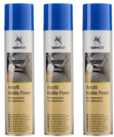 Normfest Aerofit Power Vanille – Geruchsvernichter & Lufterfrischer, neutralisiert zuverlässig Rauch, Tier- & Essensgerüche, Hochdrucksystem für langanhaltende Frische in Fahrzeugen & Räumen 3x 400ml