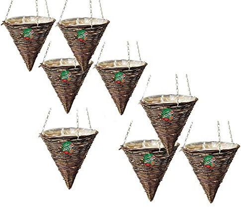 Garden Mile 12 Rattan Cone Garden Hanging Baskets Indoor Outdoor Hanging Planter Plant Pots Rattan Wicker Hanging Basket (12 Rattan Cone Basket) (Eight Baskets)