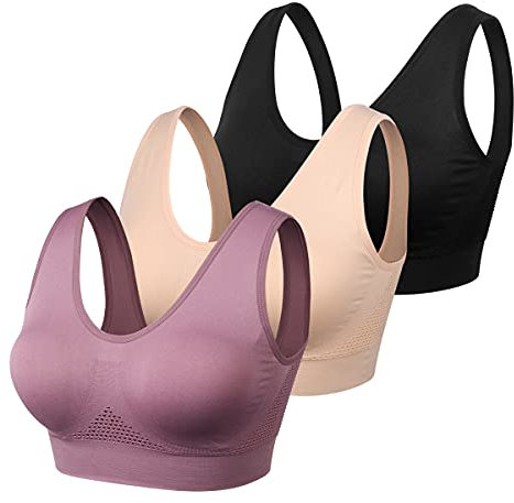 VEQKING Damen Sport-BH, bequemer Schlaf-BHS, ohne Bügel, nahtlos, Workout, Yoga, BH, 3er-Pack, 3er-Pack (schwarz + frisch + lila), Large