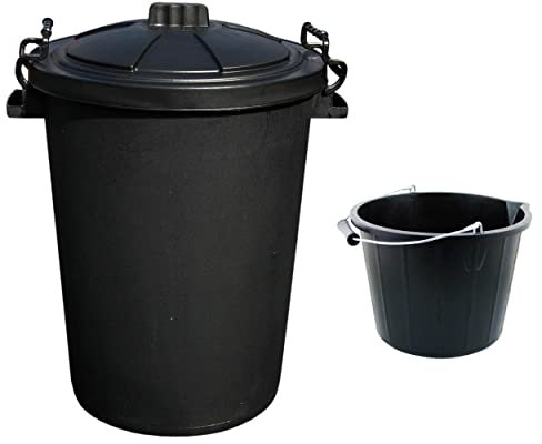 (Set of 2) 50L Litre Heavy Duty Clip Lock Lid Rubbish Bin, Trash Can, Dustbin,Storage Animal Feed with 3 Gallon 14 Litre Plasters Builder Bucket Water Mixing Storage With Measuring Guide(Black)