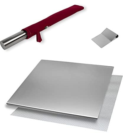 INOXLM BOX 3 PEZZI Tagliere/Spianatoia+tarocco/spatola+Mattarello custodia in tessuto|Piano di lavoro in Acciaio Inox Varie Misure per Cucina Bar Ristorante|Piano Made in Italy (50x50, Custodia Rossa)