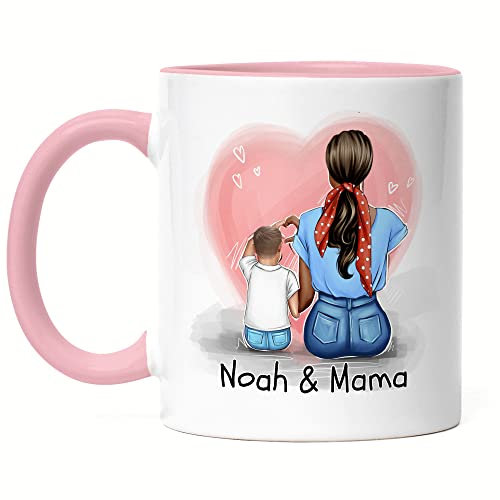 Kiddle-Design Mutter Sohn Tasse Rosa Muttertag Personalisiert Name und Frisur Mama und Sohn Geschenk Kinder Kaffeetasse für Mütter Geschenk