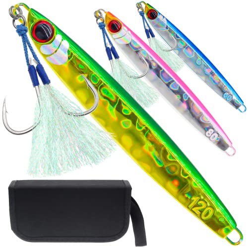 Gefischtter 3 Stück Angel-Jigs vertikale Salzwasser-Jigs Metall-Jigging Löffel langsam Jigging Pitching künstliche Angelköder Glow Lead Jigs mit Haken für Thunfisch, Barsch, Hahnzahn, 80 g, 120 g