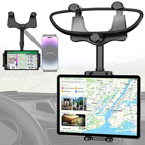Charchendo Tablet-Handyhalterung für Auto-Rückspiegel, passend für 4-13 Zoll Geräte, 360° einziehbarer Rückspiegel, Handyhalterung, Anti-Shake-kompatibel mit iPad Pro 12,9/Air/Mini, Samsung Galaxy Z,