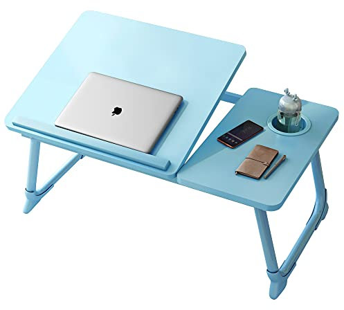 Laptop-Schreibtisch, Laptop-Betttisch mit faltbaren Beinen & Becherschlitz, Lese-Halter, Notebook-Ständer, Frühstücksbetttablett, Buchhalter für Sofa, Bett, Terrasse, Balkon (Blau)