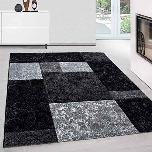 Teppium Moderner Kurzflor Teppich Wohnzimmer 300x400 (280 x 370 cm) Schwarz - Konturenschnitt Teppich Waschbar, Kariertes, Pflegeleicht, Weich - Ideal für Schlafzimmer, Esszimer und als Küchenteppich