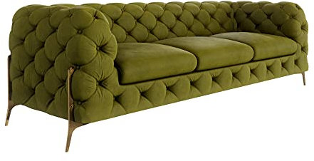 S-Style Möbel Bellano Sofa 3-Sitzer Chesterfield-Sofa für Wohnzimmer Lounge Couch mit verchromten Füßen Möbel Freistehende Polster Sofas & Couches Couchgarnitur Olivengrün 243 x 73 x 100 cm