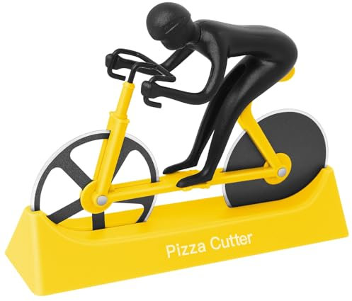 KUONIIY Cortadores de pizza, cortador de pizza de bicicleta, doble acero inoxidable, cuchillas súper afiladas, cortador con revestimiento antiadherente, amarillo