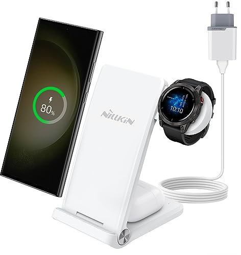 Nillkin 3 in 1 Faltbar Induktive Ladestation für Garmin Watch Instinct Fenix 7/7S Forerunner 245/745/945 Vivoactive, Kabelloser Ladegerät mit Adapter für Samsung Galaxy S23/S22/S21/S20 Ultra/Plus