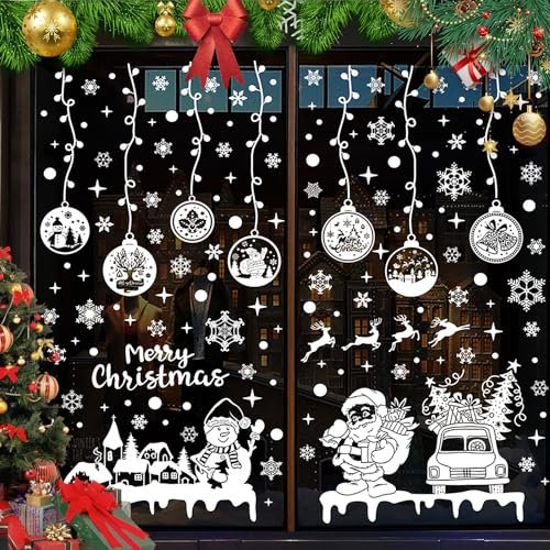 Fensterbilder Weihnachten Selbstklebend, 237 Stück Weiß Fensterdeko Weihnachten Wiederverwendbar, Doppelseitige Weihnachtsdeko Fenster PVC Aufkleber für Glasfenster Weihnachten Deko (9 Blatt, 20x30cm)