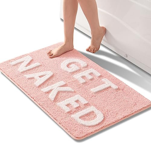 QJHOMO Get Naked Badematte, rosa und weiß, Badezimmermatten, 60 x 90 cm, rutschfeste Badematten für Badezimmer, bunte Buchstaben, weiche Mikrofaser, Badezimmermatte, maschinenwaschbarer Teppich