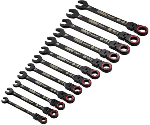Draper 03929 Expert HI-TORQ Metric Flexible Head Ratchet Combination Spanner Set, Black (12 Piece)
