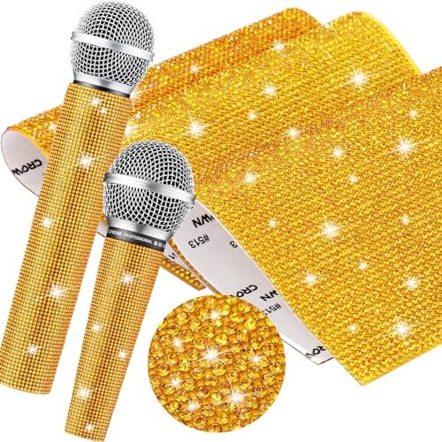 Remuuly 3 Pcs DIY Rhinestone Microphone Handle Cover Protector Bling Stickers Rhinestone Glitter Microphone Cover Handheld Sleeve Crystal Rhinestone Sheets Shiny Prop Stage Party, 5x7.3 (Gold)