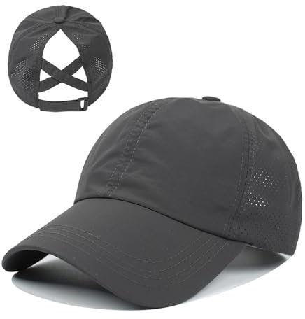 Fadcaer TrailHeads Damen Baseball Caps Criss Cross Pferdeschwanz-Baseballmütze Schnell trocknende, verstellbare Netzmütze mit Pferdeschwanzloch für Sport Laufen Tennis (Nylon, Dunkelgrau)