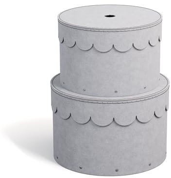 BIGSO WILMA 2er-Set runde Aufbewahrungsbox mit Deckel – Ordnungsbox mit Deckel für Kleidung, Spielzeug usw. – Dekorative runde Box aus Faserplatte und Papier in Leinenoptik – hellgrau