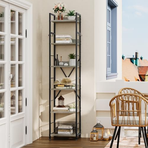 YITAHOME Bookcase 6 Tiers, Floor Standing Book Shelf with 4 Hooks, Wooden Shelf and Metal Frame Book Rack Industrial Tall Shelf Unit Storage for Living Room, Home Office, Grey Bookshelf