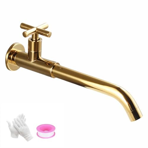 NIUKOMY Robinet de Mural Eau Froide Doré, Robinets de Jardin Long Laiton d'or, Pivotant à 360° Robinetterie avec Croix Poignée pour Lavabos de Salle de Bains Eviers de Cuisine, G1/2