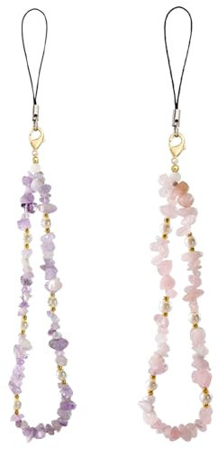 YIZWINS 2 Stück Handyanhänger,Handykette Universal Kristall Phone Chain Frauen Handykette Perlen Kurz, Handykette Handgelenk Natürlicher Kristall-Steine Handy Anhänger Kette Handyschmuck(Lila+Rosa)