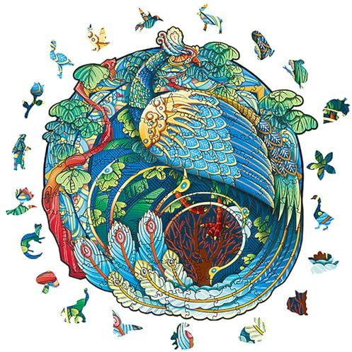 Holzsammlung Pfau Holzpuzzle Einzigartige Tierform Puzzleteile, Magisches Holzpuzzles für Erwachsene und Kinder, Wooden Puzzle Spielzeug mit Geschenkbox für Dekoration (37.5x40cm, 300 Teile)