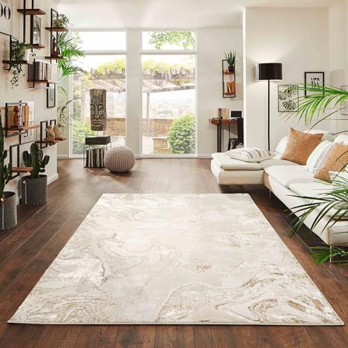 Emperor Metallic Abstract Modern Living Room Area Rug, Beige, 160x230cm