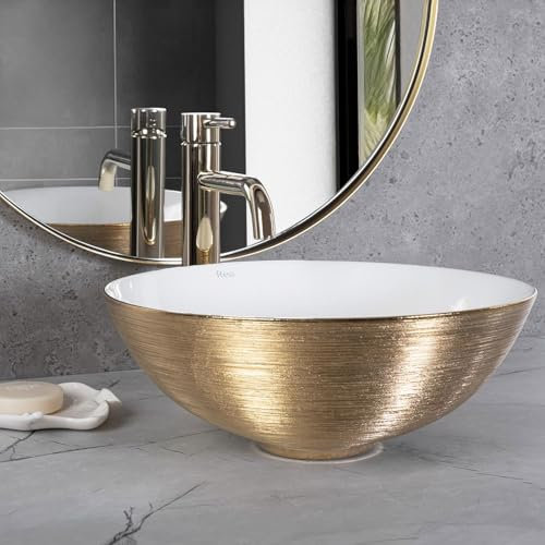 Rea Aufsatzwaschbecken STELLA Gold Brush/Weiß, Waschtisch Handwaschbecken Bad Waschschale Waschbecken für Badezimmer, 355x355x135 mm, Keramik (Gold/Weiß)