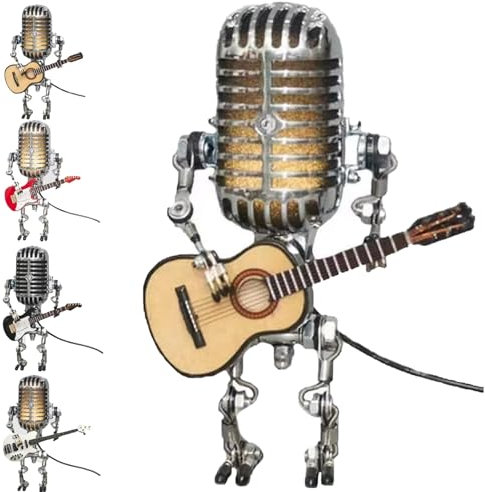 Mic Rockbot, Vueeze Mic Rockbot, Sherum Mic Rockbot, Dotmalls Mic Rockbot, Libiy Mic Rockbot, Retro Style Microphone Robot Table Lamp, Metal Microphone Robot Desk Lamp with Mini Guitar (Yellow)