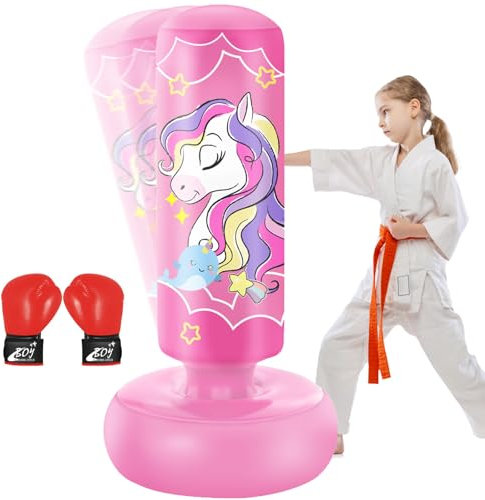 YORWHIN 168cm Sac de Frappe Gonflable pour Enfants avec Gants de Boxe, Sac de Boxe sur Pied, pour Les Enfants, Les Filles, Set de Frappe pour Pratiquer Le Karaté, Le Taekwondo et Le MMA