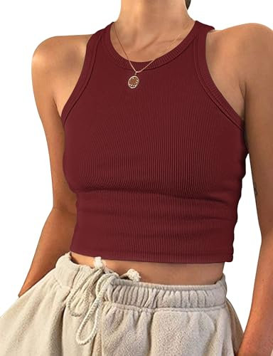 PLOKNRD Damen Ärmellos Racerback Rundhals Tank Top Wein Rot S