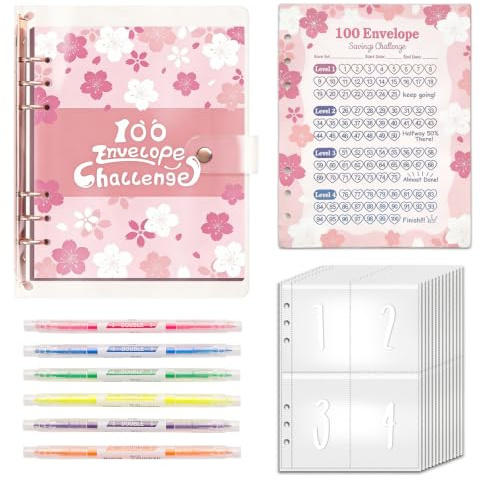 ROSYLEVE 100 Envelope Saving Challenge avec 6 surligneurs à deux pointes, A5 Classeur Budget avec Challenge Tracker & Compartiments D'argent Pré-Numérotés,Économies et Planification Budgétaire