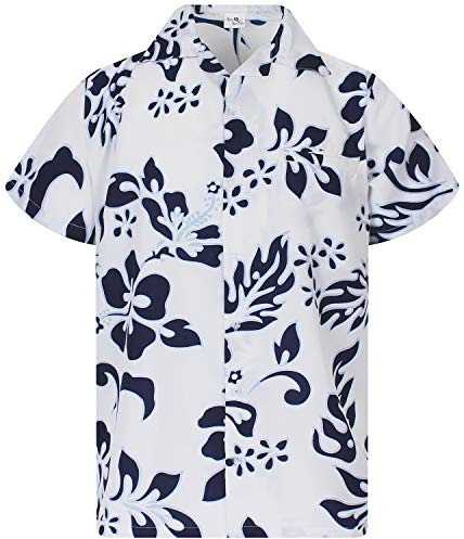 King Kameha Hawaiihemd Herren Kurzarm - Grünes Hawaii Hemd Männer Hibiskus - Hemd Herren Kurzarm Hawaii Outfit - Hawaiian Shirts for Men - Hibiskus, White Navy, 9XL