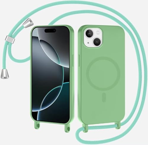 SLWYF Compatible with iPhone 13 Wireless Charging, Shockproof Removable Phone Case with Strap Adjustable Neck Cord Necklace Soft Cover for iPhone 13, Matcha Green