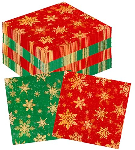 DPKOW Schneeflocken Weihnachtsservietten 33x33, Tischdeko Weihnachten Servietten Rot Grün, 40 STK Einwegservietten Papierservietten Weihnachtsparty Zubehör, Schneeflocken Seidenpapier Weihnachtsdeko