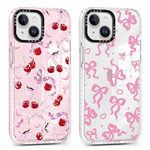 Foonary 2 Pack Cute Bow Heart Print Phone Case for iPhone 15 6.1, Fashion Design Soft Slim Clear Case Shockproof TPU Bumper Protective Cover for Women Girls