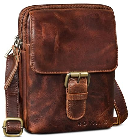 ROYALZ Dalton 3-in-1 kleine Umhängetasche Herren Echtleder - als Gürteltasche Schultertasche oder Handytasche - Multifunktionale Mini Tasche Leder für Männer;Farbe:Roma Cognac Braun