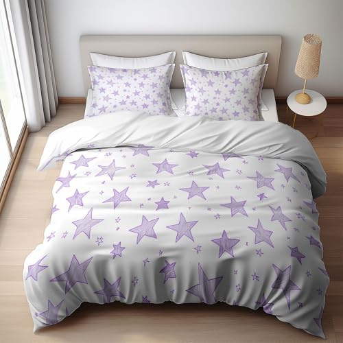 WHUOEUCO Bettwäsche Set 135x200cm Lila Sterne 3D Drucken Mikrofaser Bettbezug und 2 Kissenbezug 80x80cm mit Reißverschluss, Weich und Bügelfrei