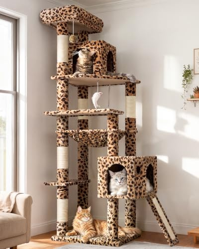 Globlazer F70 Pro Arbre a Chat XXL Léopard 180 cm pour 2-4 Chats Adulte | Stable Coin Arbre a Chat avec Doux Hamac, 2 Grande Niches, Plateforme, Pente Sisal Peluche pour Gros Chats Repos Jeu Escalade