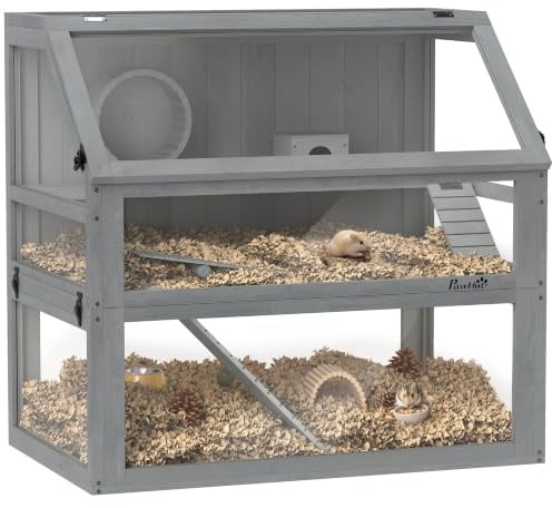 PawHut Hamsterkäfig aus Holz 3 Etagen Wippe 80 x 50 x 76 cm Hellgrau | Nagerkäfig, Kleintierkäfig, Laufrad, Hütte, Tiefes Untergeschoss, Mäusekäfig, für Zwerghamster